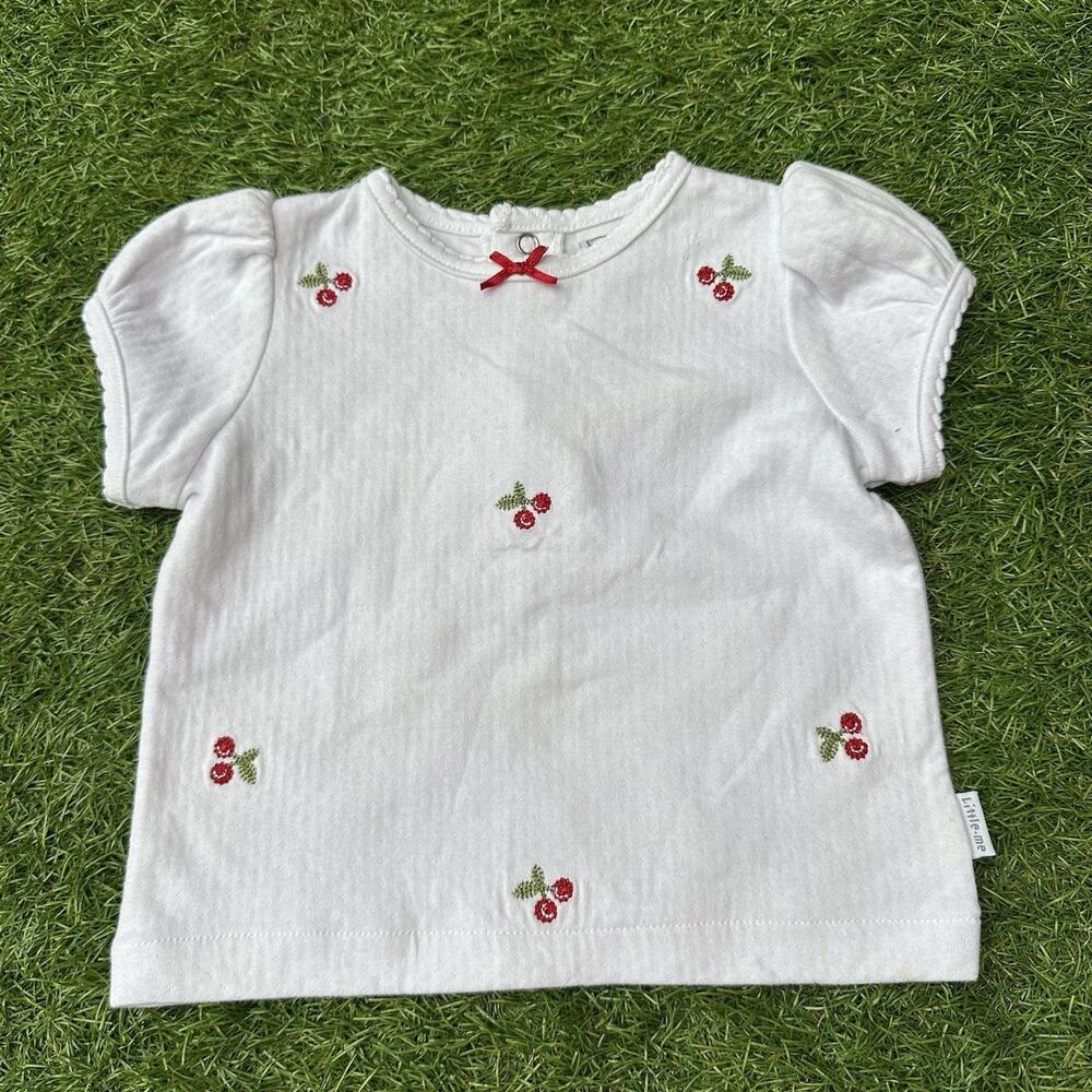 Vtg Little Me Infant Cherry Shirt Size 12M Embroidered Fruit Puff Sleeve Cotton